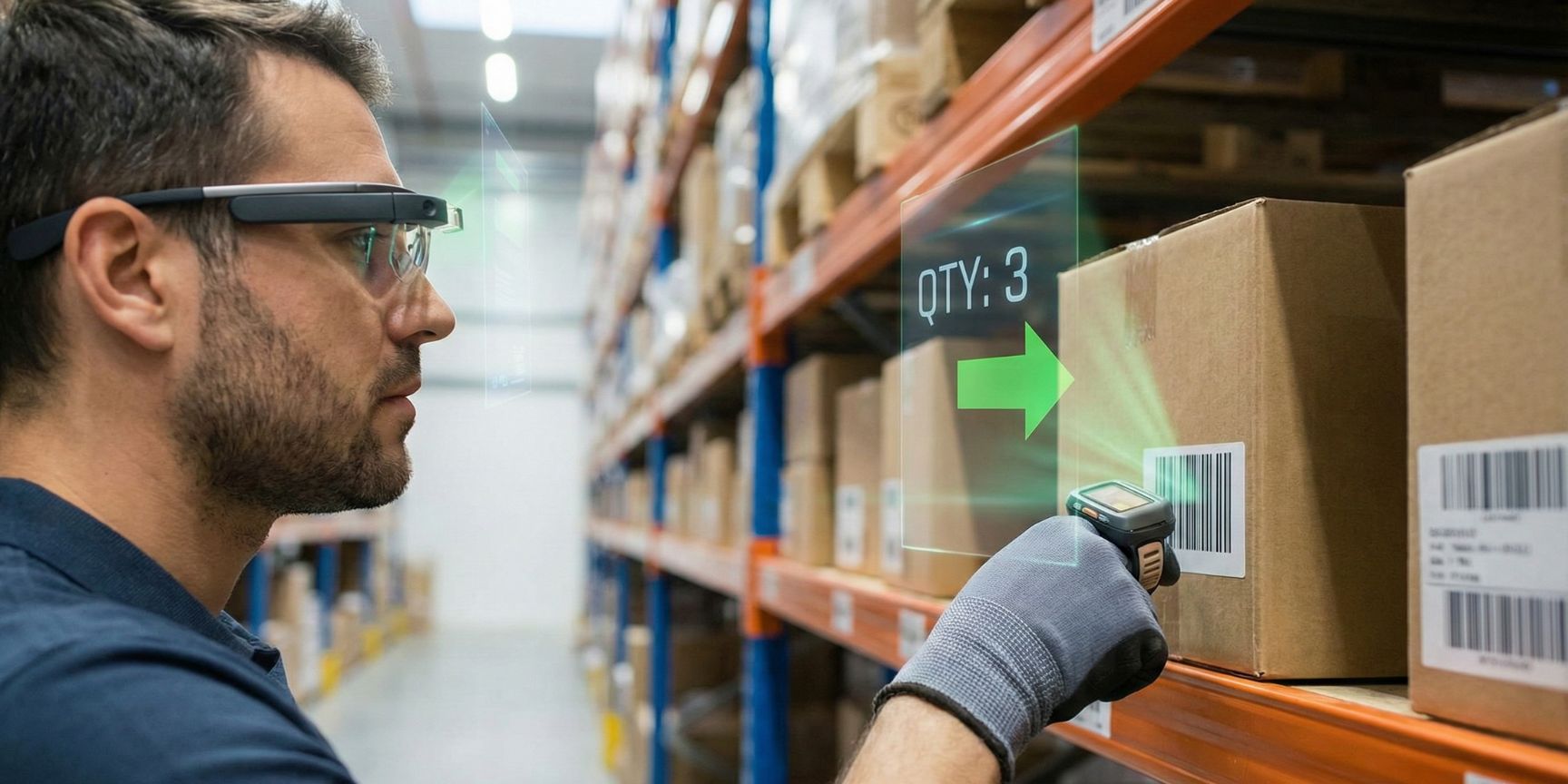 Close-up of a logistics employee wearing smart glasses scanning a box with a ring scanner in a warehouse. A transparent augmented reality display in the field of view shows a green arrow and the quantity